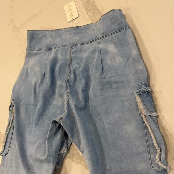 My Boo NWT Cargo Tomboy High Waisted Denim Jeans Women’s Large Blue Tie Waist - Picture 9 of 9